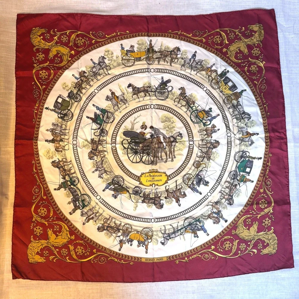 Vintage Hermes La Promenade‎ De Longchamps Silk Scarf Burgundy Philippe Ledoux